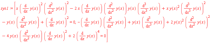 sys1 := [x*(diff(y(x), x))^2*(diff(y(x), x, x))^2-2*x*(diff(y(x), x))*(diff(y(x), x, x))*y(x)*(diff(y(x), x, x, x))+x*y(x)^2*(diff(y(x), x, x, x))^2-y(x)*(diff(y(x), x, x))+(diff(y(x), x))^2 = 0, -(diff(y(x), x))*(diff(y(x), x, x))+y(x)*(diff(y(x), x, x, x))+2*y(x)^2*(diff(y(x), x, x))^2-4*y(x)*(diff(y(x), x, x))*(diff(y(x), x))^2+2*(diff(y(x), x))^4 = 0]