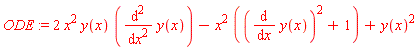 ODE := 2*x^2*y(x)*(diff(y(x), x, x))-x^2*((diff(y(x), x))^2+1)+y(x)^2