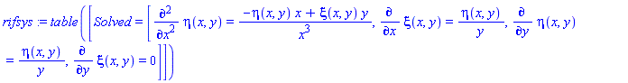 rifsys := TABLE([Solved = [diff(eta(x, y), `$`(x, 2)) = (-eta(x, y)*x+xi(x, y)*y)/x^3, diff(xi(x, y), x) = eta(x, y)/y, diff(eta(x, y), y) = eta(x, y)/y, diff(xi(x, y), y) = 0]])
