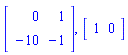Matrix(2, 2, {(1, 1) = 0, (1, 2) = 1, (2, 1) = -10, (2, 2) = -1}), Matrix(1, 2, {(1, 1) = 1, (1, 2) = 0})