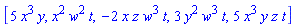 [5*x^3*y, x^2*w^2*t, -2*x*z*w^3*t, 3*y^2*w^3*t, 5*x^3*y*z*t]