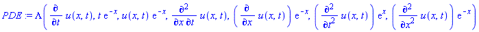 PDE := Lambda(diff(u(x, t), t), t*exp(-x), u(x, t)*exp(-x), diff(u(x, t), t, x), (diff(u(x, t), x))*exp(-x), (diff(u(x, t), `$`(t, 2)))*exp(x), (diff(u(x, t), `$`(x, 2)))*exp(-x))
