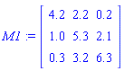 M1 := Matrix(3, 3, {(1, 1) = 4.2, (1, 2) = 2.2, (1, 3) = .2, (2, 1) = 1.0, (2, 2) = 5.3, (2, 3) = 2.1, (3, 1) = .3, (3, 2) = 3.2, (3, 3) = 6.3})