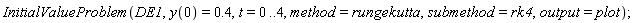 InitialValueProblem(DE1, y(0) = .4, t = 0 .. 4, method = rungekutta, submethod = rk4, output = plot)