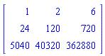 Matrix(3, 3, {(1, 1) = 1, (1, 2) = 2, (1, 3) = 6, (2, 1) = 24, (2, 2) = 120, (2, 3) = 720, (3, 1) = 5040, (3, 2) = 40320, (3, 3) = 362880})