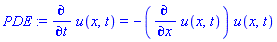 PDE := diff(u(x, t), t) = -(diff(u(x, t), x))*u(x, t)