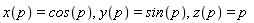 x(p) = cos(p), y(p) = sin(p), z(p) = p