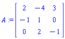 A := Matrix(3, 3, {(1, 1) = 2, (1, 2) = -4, (1, 3) = 3, (2, 1) = -1, (2, 2) = 1, (2, 3) = 0, (3, 1) = 0, (3, 2) = 2, (3, 3) = -1})