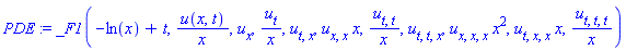 PDE := _F1(-ln(x)+t, u(x, t)/x, u[x], u[t]/x, u[t, x], u[x, x]*x, u[t, t]/x, u[t, t, x], u[x, x, x]*x^2, u[t, x, x]*x, u[t, t, t]/x)