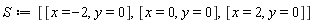 S := [[x = -2, y = 0], [x = 0, y = 0], [x = 2, y = 0]]