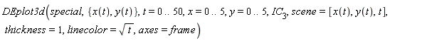 DEplot3d(special, {x(t), y(t)}, t = 0 .. 50, x = 0 .. 5, y = 0 .. 5, IC[3], scene = [x(t), y(t), t], thickness = 1, linecolor = sqrt(t), axes = frame)