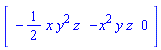 Vector[row](3, {(1) = -(1/2)*x*y^2*z, (2) = -x^2*y*z, (3) = 0})