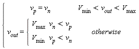 piecewise(V[min] < v[out] and v[out] < V[max], v[p] = v[n], v[out] = piecewise(v[n] < v[p], V[max], v[p] < v[n], V[min]))