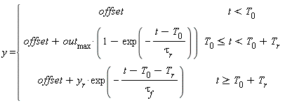 y={[[offset,t<T[0]],[offset+out[max]*(1-exp(-(t-T[0])/((tau)[r]))),T[0]<=t<T[0]+T[r]],[offset+y[r]*exp(-(t-T[0]-T[r])/((tau)[f])),t>=T[0]+T[r]]]