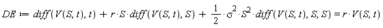 DE := diff(V(S, t), t)+r*S*(diff(V(S, t), S))+(1/2)*sigma^2*S^2*(diff(V(S, t), S, S)) = r*V(S, t)