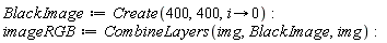 BlackImage := Create(400, 400, proc (i) options operator, arrow; 0 end proc); imageRGB := CombineLayers(img, BlackImage, img)