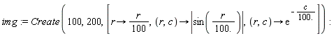 img := Create(100, 200, [proc (r) options operator, arrow; (1/100)*r end proc, proc (r, c) options operator, arrow; abs(sin(r/100.)) end proc, proc (r, c) options operator, arrow; exp((-1)*c/100.) end proc])