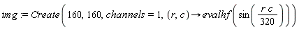 img := Create(160, 160, channels = 1, proc (r, c) options operator, arrow; evalhf(sin((1/320)*r*c)) end proc)