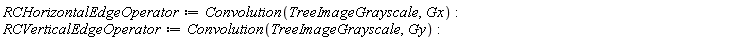 RCHorizontalEdgeOperator := Convolution(TreeImageGrayscale, Gx); RCVerticalEdgeOperator := Convolution(TreeImageGrayscale, Gy)