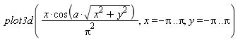 plot3d(x*cos(a*sqrt(x^2+y^2))/Pi^2, x = -Pi .. Pi, y = -Pi .. Pi)