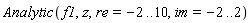 Analytic(f1, z, re = -2 .. 10, im = -2 .. 2)