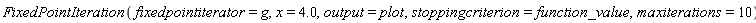 FixedPointIteration(fixedpointiterator = g, x = 4.0, output = plot, stoppingcriterion = function_value, maxiterations = 10)