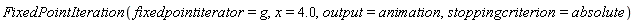 FixedPointIteration(fixedpointiterator = g, x = 4.0, output = animation, stoppingcriterion = absolute)