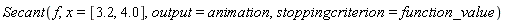 Secant(f, x = [3.2, 4.0], output = animation, stoppingcriterion = function_value)