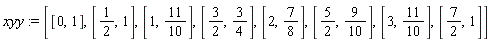 xyy := [[0, 1], [1/2, 1], [1, 11/10], [3/2, 3/4], [2, 7/8], [5/2, 9/10], [3, 11/10], [7/2, 1]]