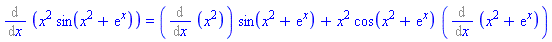 Diff(x^2*sin(x^2+exp(x)), x) = (Diff(x^2, x))*sin(x^2+exp(x))+x^2*cos(x^2+exp(x))*(Diff(x^2+exp(x), x))