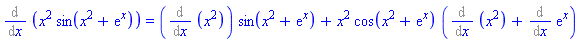 Diff(x^2*sin(x^2+exp(x)), x) = (Diff(x^2, x))*sin(x^2+exp(x))+x^2*cos(x^2+exp(x))*(Diff(x^2, x)+Diff(exp(x), x))