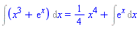 Int(x^3+exp(x), x) = (1/4)*x^4+Int(exp(x), x)