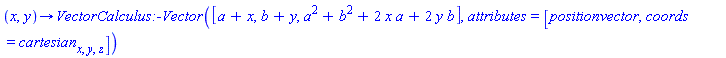 proc (x, y) options operator, arrow; VectorCalculus:-Vector([a+x, b+y, a^2+b^2+2*x*a+2*y*b], attributes = [positionvector, coords = cartesian[x, y, z]]) end proc