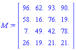M := Matrix([[96., 62., 93., 90.], [58., 16., 76., 19.], [7., 49., 42., 78.], [26., 19., 21., 21.]])