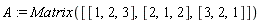 A := Matrix([[1, 2, 3], [2, 1, 2], [3, 2, 1]])
