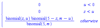 PIECEWISE([0, u < 0], [0, z < u], [binomial(z, u)*binomial(5-z, m-u)/binomial(5, m), otherwise])