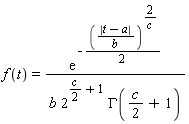 f(t) = exp(-(1/2)*(abs(t-a)/b)^(2/c))/(b*2^((1/2)*c+1)*GAMMA((1/2)*c+1))