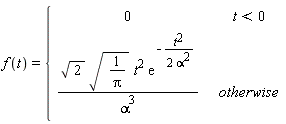 f(t) = piecewise(t < 0, 0, sqrt(2)*sqrt(1/Pi)*t^2*exp(-t^2/(2*alpha^2))/alpha^3)