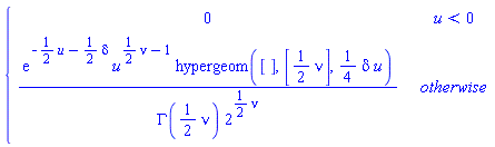 PIECEWISE([0, u < 0], [exp(-(1/2)*u-(1/2)*delta)*u^((1/2)*nu-1)*hypergeom([], [(1/2)*nu], (1/4)*delta*u)/(GAMMA((1/2)*nu)*2^((1/2)*nu)), otherwise])