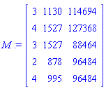 M := Matrix([[3, 1130, 114694], [4, 1527, 127368], [3, 1527, 88464], [2, 878, 96484], [4, 995, 96484]])