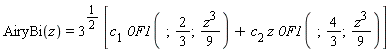 AiryBi(z)=(3)^((1)/(2)) [c[1] `0F1`( ; (2)/(3); ((z)^(3))/(9))+c[2] z `0F1`( ; (4)/(3); ((z)^(3))/(9))]