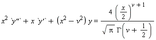 x^2*`y''`+x*`y'`+(x^2-v^2)*y = 4*((1/2)*x)^(v+1)/(sqrt(Pi)*GAMMA(v+1/2))