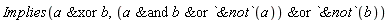 Implies(`&xor`(a, b), `&or`(`&or`(`&and`(a, b), `&not`(a)), `&not`(b)))