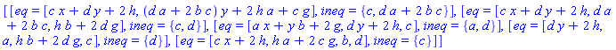 [[eq = [c*x+d*y+2*h, (d*a+2*b*c)*y+2*h*a+c*g], ineq = {c, d*a+2*b*c}], [eq = [c*x+d*y+2*h, d*a+2*b*c, h*b+2*d*g], ineq = {c, d}], [eq = [a*x+y*b+2*g, d*y+2*h, c], ineq = {a, d}], [eq = [d*y+2*h, a, h*b+2*d*g, c], ineq = {d}], [eq = [c*x+2*h, h*a+2*c*g, b, d], ineq = {c}]]