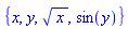 {x, y, x^(1/2), sin(y)}
