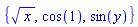 {x^(1/2), cos(1), sin(y)}