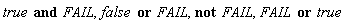 `and`(true, FAIL), `or`(false, FAIL), `not`(FAIL), `or`(FAIL, true)