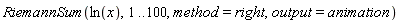 RiemannSum(ln(x), 1 .. 100, method = right, output = animation)
