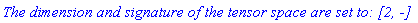 `The dimension and signature of the tensor space are set to: [2, -] `