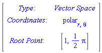 Matrix([[`Type: `, `Vector Space`], [`Coordinates: `, polar[r, theta]], [`Root Point: `, [1, (1/2)*Pi]]])